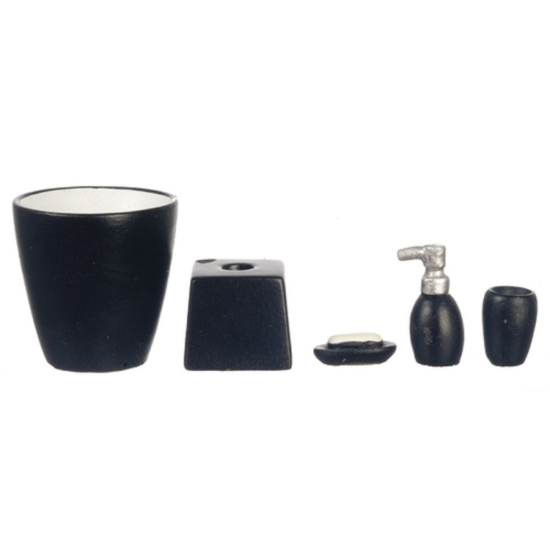 Dolls House Miniature Modern Black Bathroom Accessory Set Bin Soap Tumbler 5 pc