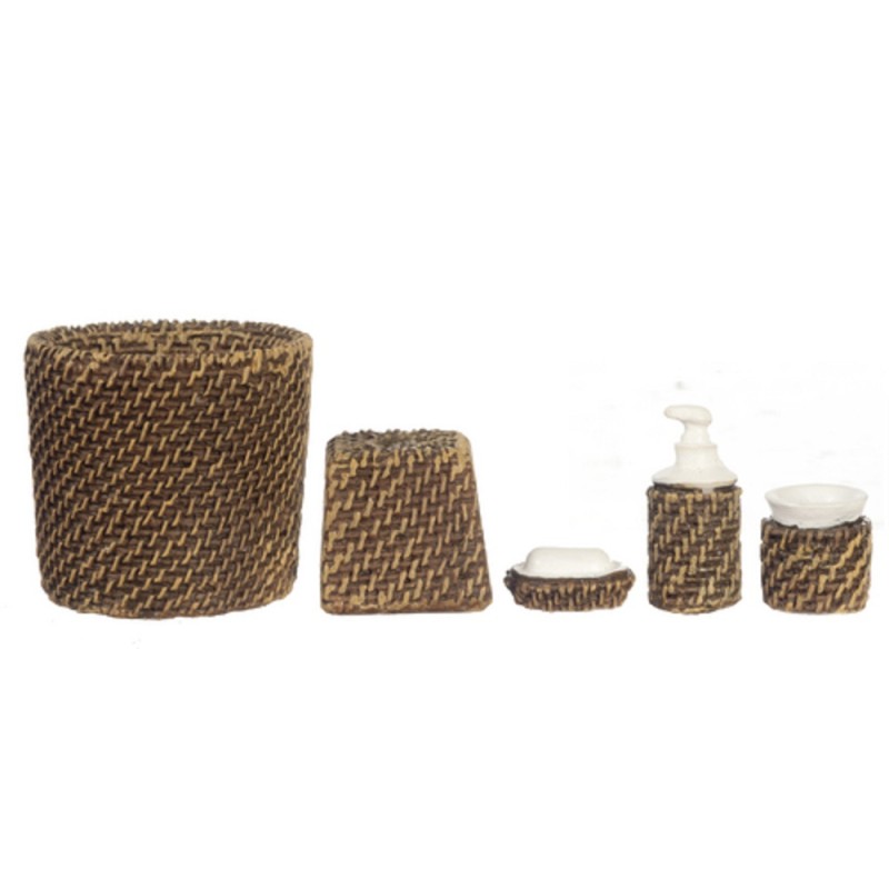 Dolls House Miniature Modern Wicker Bathroom Accessory Set Bin Soap Tumbler 5 pc