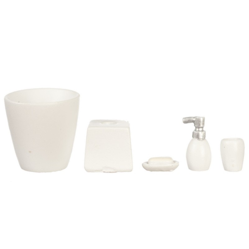 Dolls House Miniature Modern White Bathroom Accessory Set Bin Soap Tumbler 5 pc