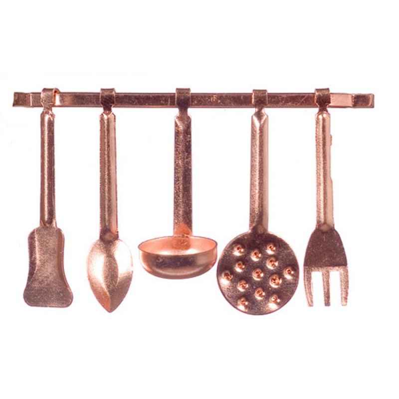Dolls House Miniature 1:12 Scale Kitchen Accessory Copper Hanging Utensils and Rack
