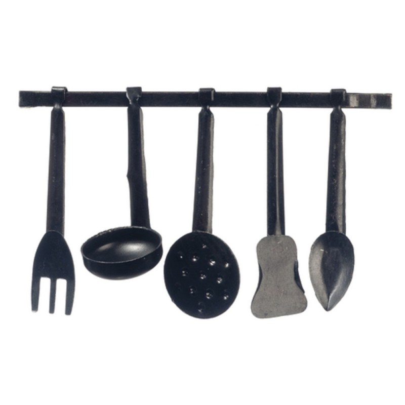 Dolls House Black Hanging Utensil Set & Rack Miniature 1:12 Kitchen Accessory