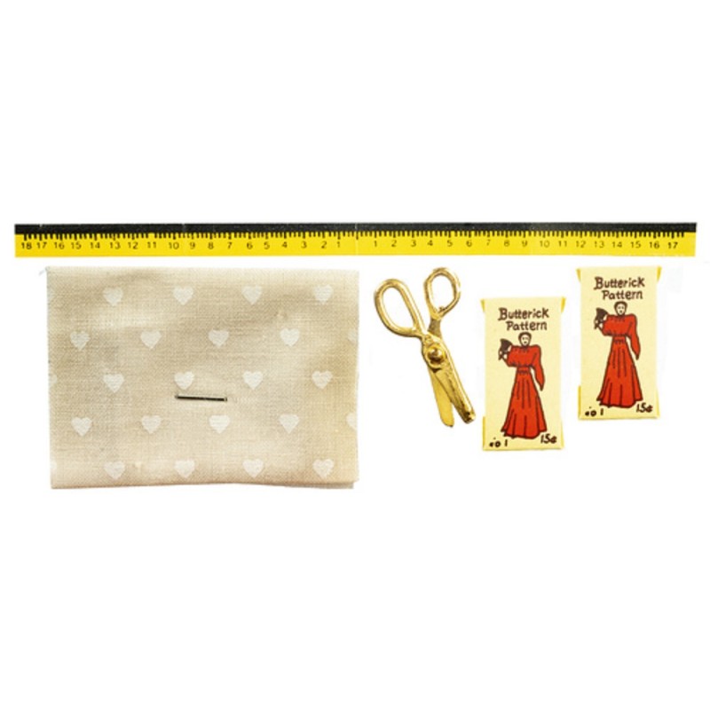 Dolls House Material Pattern Scissors & Tape Measure Sewing Dressmaker Accessory