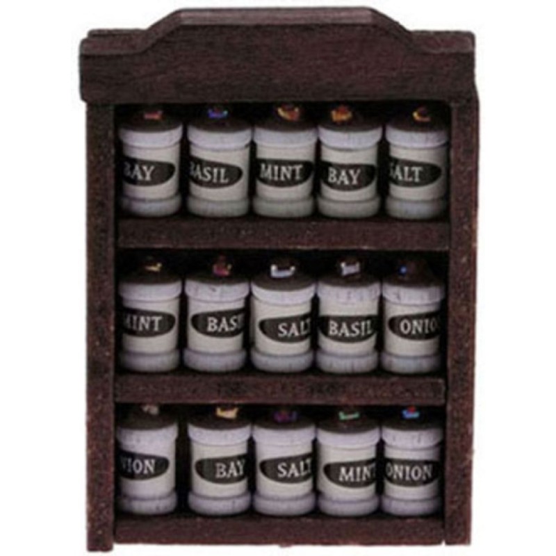 Dolls House Dark Oak Rack with Spice Jars Miniature 1:12 Kitchen Accessory