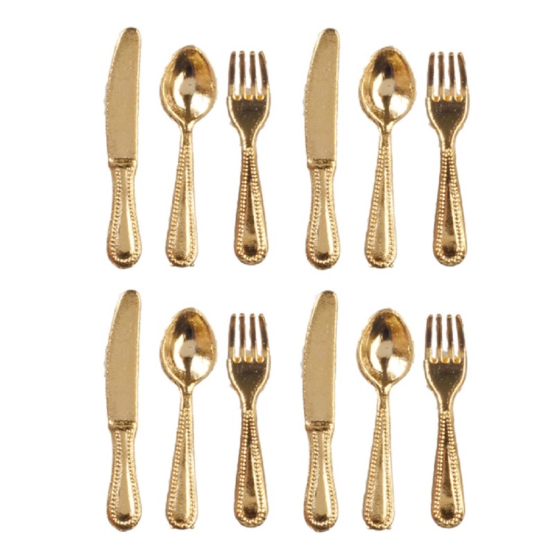 Dolls House Miniature 1:12 Scale Dining Room Tableware Metal Gold Cutlery Set