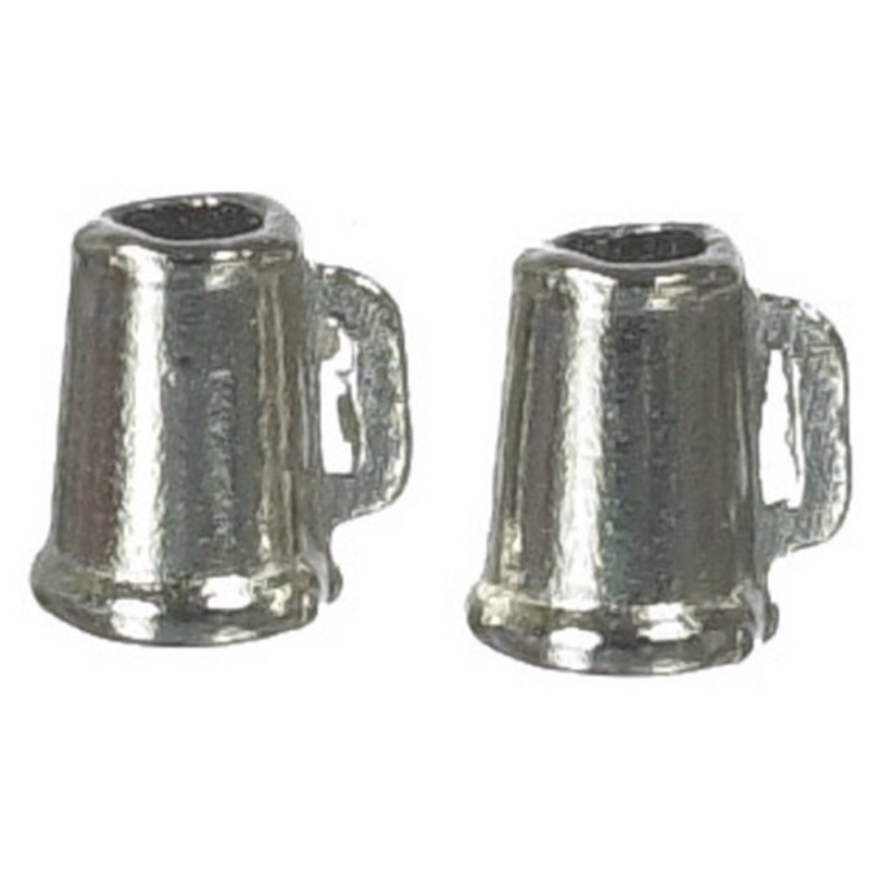 Dolls House Miniature 1:12 Scale Pub Bar Accessory 2 Pewter Beer Tankards Mugs