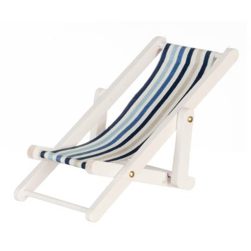 Dolls House Miniature White Wooden Blue Stripe Folding Deck Chair 