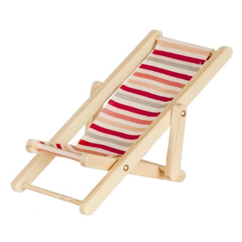 Dolls House Miniature Wooden Pink And Red Stripe Folding Deck Chair 