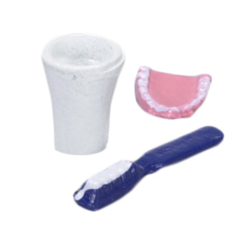 Dolls House Miniature Bathroom Bedroom Accessory False Teeth Mug Toothbrush Set