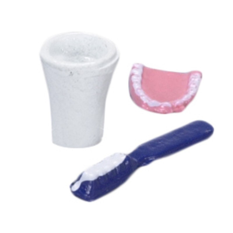 Dolls House False Teeth Mug Toothbrush Set Miniature Bathroom Bedroom Accessory 