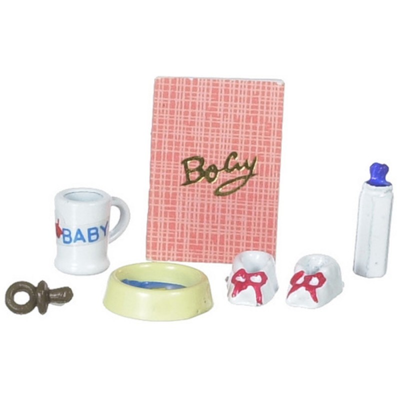 Dolls House Miniature Nursery Accessory Set Baby's Shoes Bottle Cup Dish Dummy