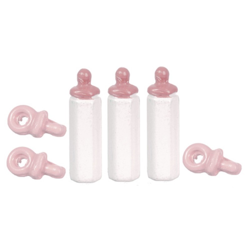 Dolls House Set Baby's Bottles & Dummies in Pink Miniature Nursery Accessory 