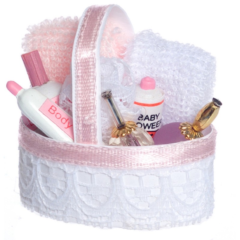 Dolls House Pink Toiletry Cosmetics Basket Miniature 1:12 Bathroom Accessory 