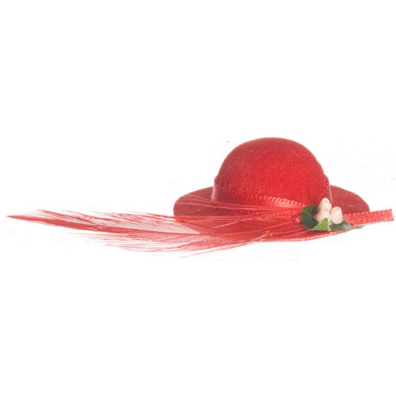 Dolls House Red Lady's Hat with Feather Miniature Milliner Shop Accessory 