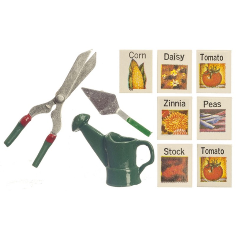 Dolls House Seeds Watering Can Shears Trowel Miniature Garden Accessory Set 