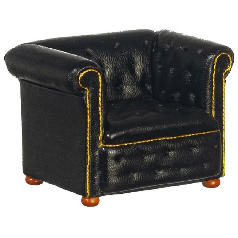 Dolls House Black Leather Chesterfield Armchair JBM Miniature Living Room Furniture