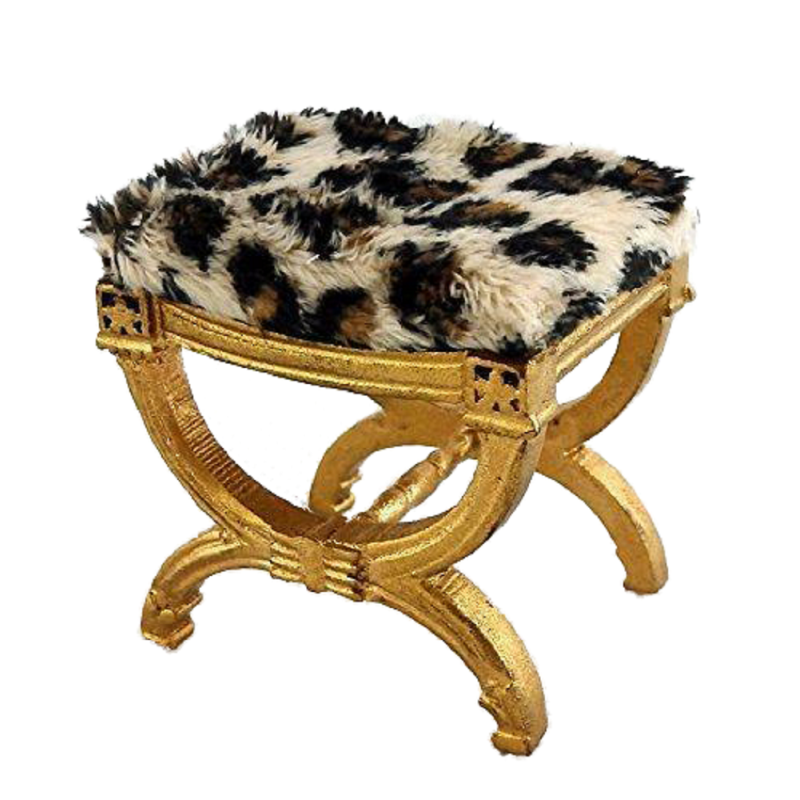 Dolls House Gold Painted Leopard Print Fur X Frame Stool Miniature JBM Furniture