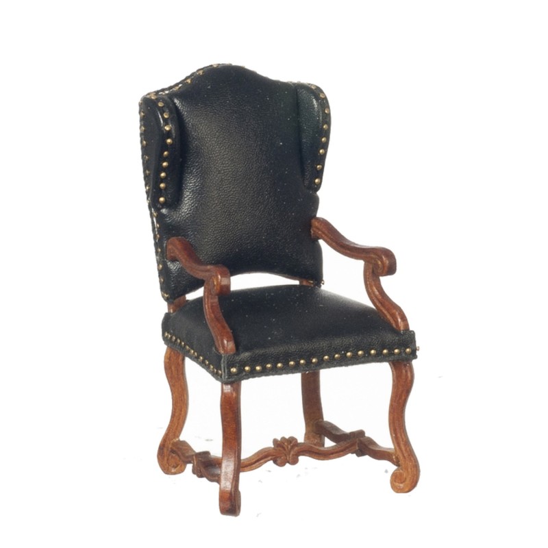Dolls House Walnut Black Leather Spanish Wing Arm Chair Miniature JBM Furniture