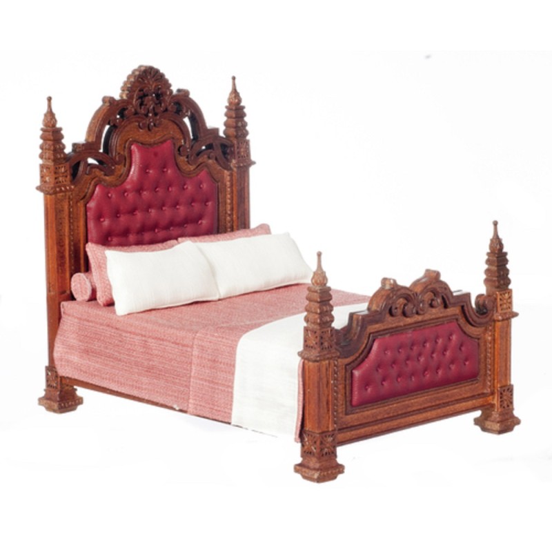 Dolls House Walnut Gothic Panel Bed Studded Headboard JBM Bedroom Furniture