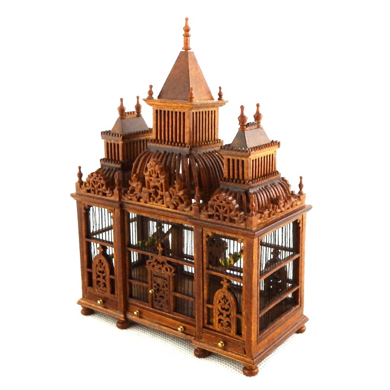 Dolls House Ornate 3 Turret Walnut Wood Victorian Bird Cage with Birds Miniature