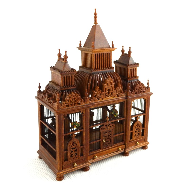 Dolls House Ornate 3 Turret Walnut Wood Victorian Bird Cage with Birds Miniature