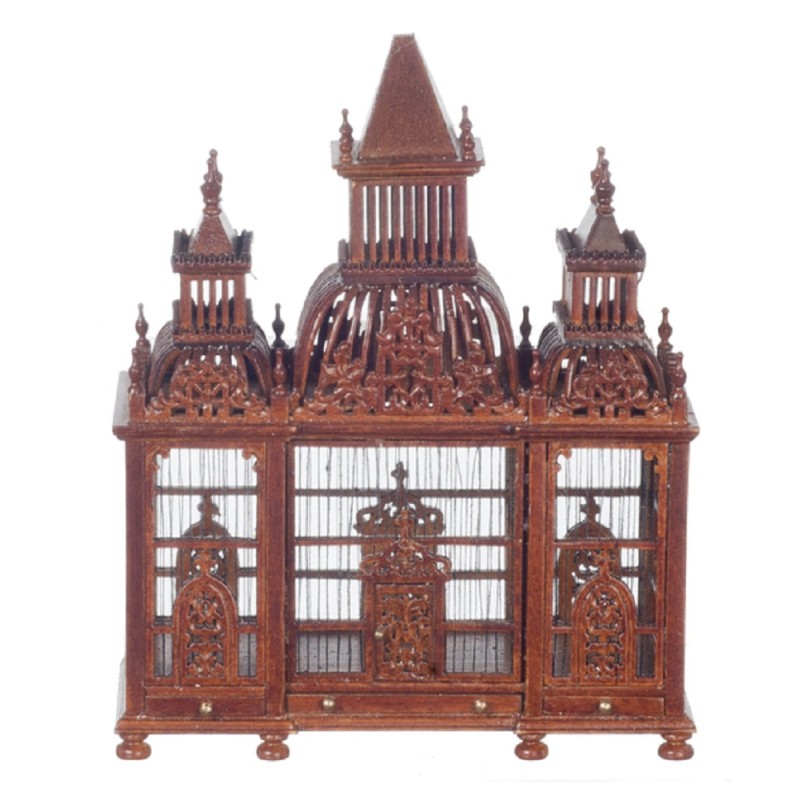 Dolls House Ornate 3 Turret Walnut Wood Victorian Bird Cage with Birds Miniature