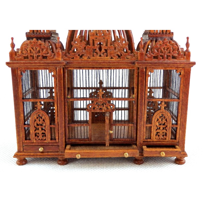 Dolls House Ornate 3 Turret Walnut Wood Victorian Bird Cage with Birds Miniature