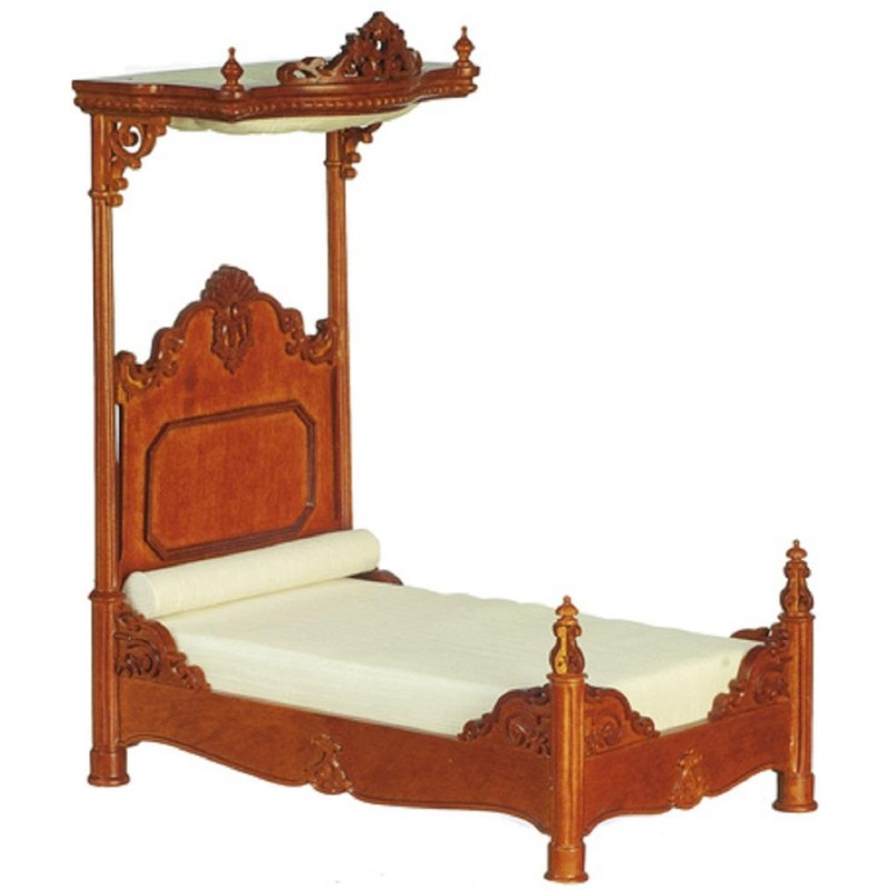 Dolls House 1860 Walnut Carved Victorian Half Tester Bed JBM Miniature Furniture