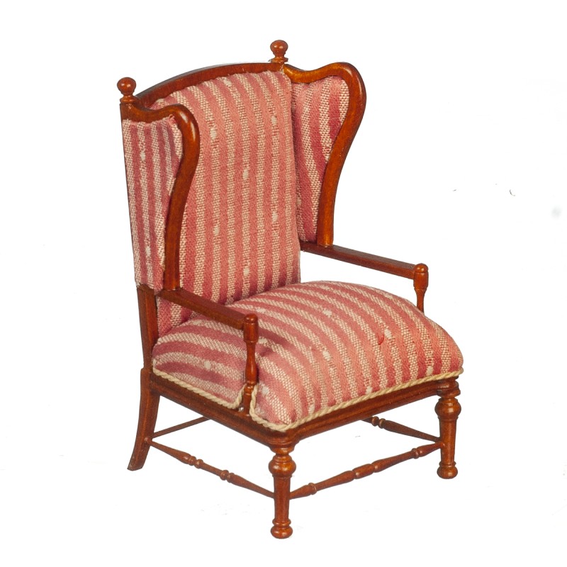 Dolls House Pink Stripe Open Armchair Walnut JBM Miniature Living Room Furniture