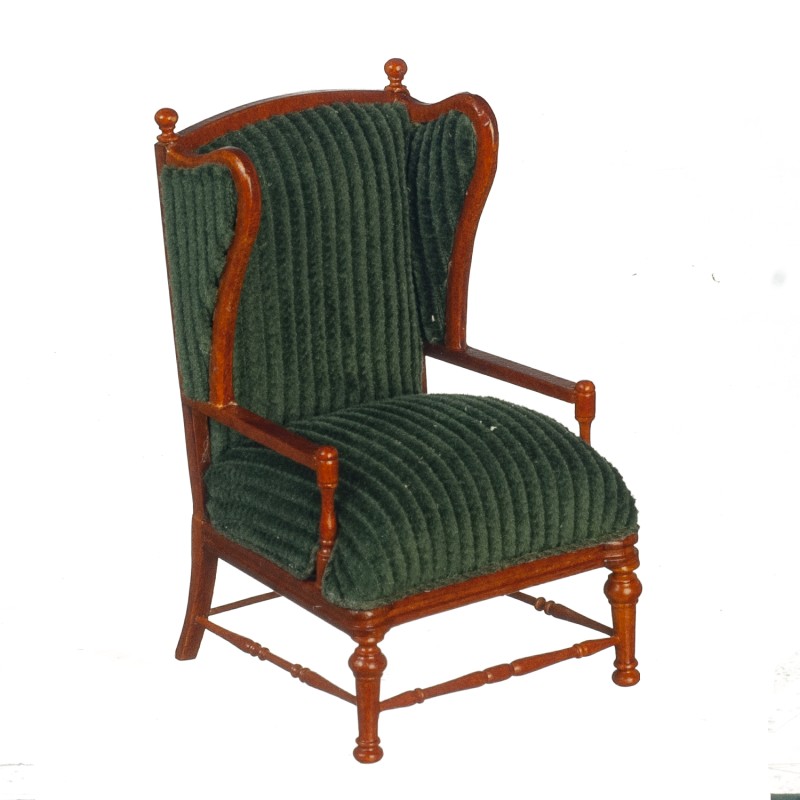 Dolls House Green Cord Open Armchair Walnut JBM Miniature Living Room Furniture