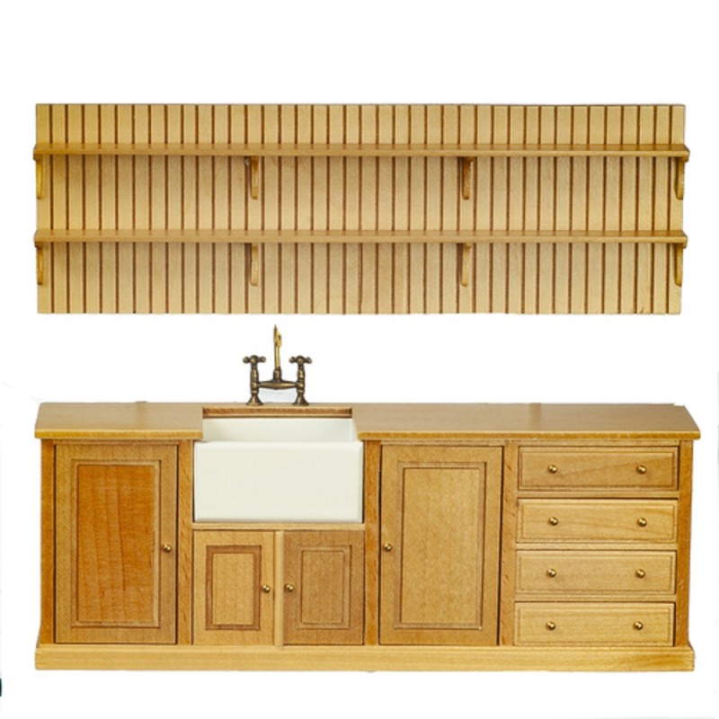 Dolls House Oak Belfast Sink Unit and Wall Shelf JBM Miniature Kitchen Furniture