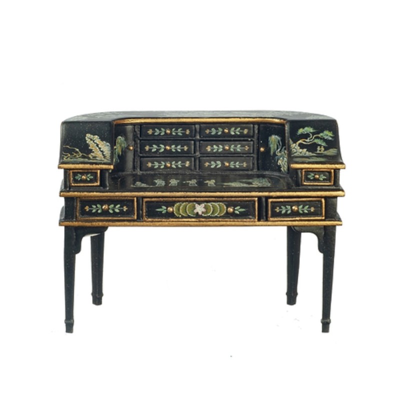 Dolls House Black & Gold Hand Painted Chinoise Writing Table Desk JBM Furniture 