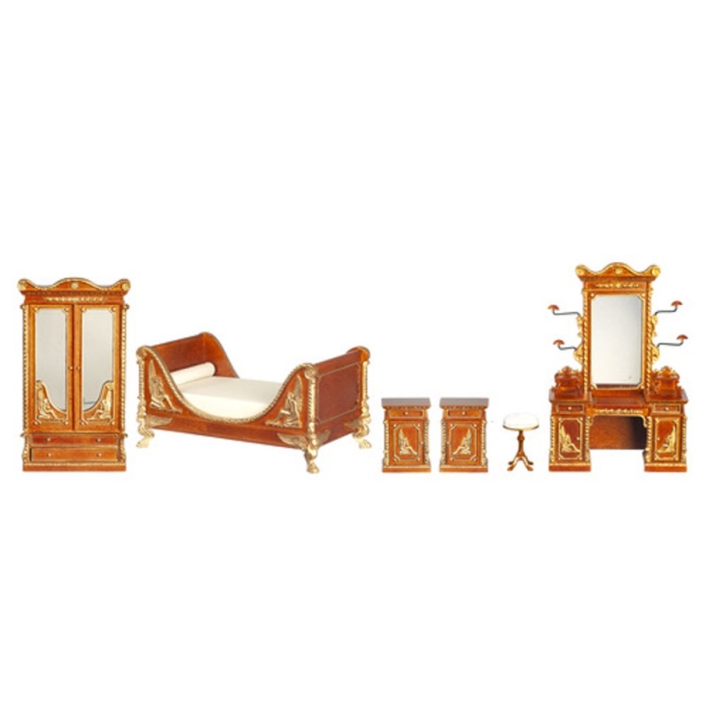 Dolls House Walnut & Gold Sleigh Bed 6 Pc Set JBM Miniature Bedroom Furniture