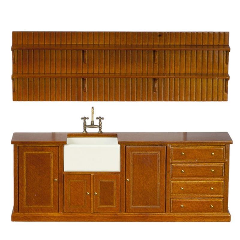 Dolls House Walnut Belfast Sink Unit and Wall Shelf JBM Kitchen Furniture 1:12