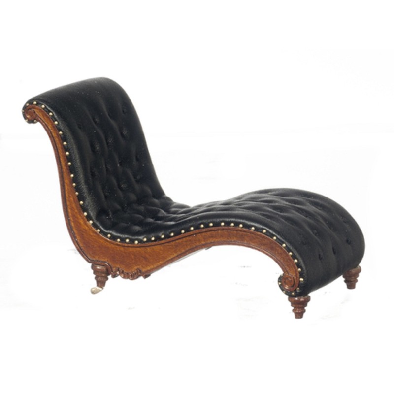 Dolls House Art Deco Chaise Longue Walnut Buttoned Black Leather JBM Furniture