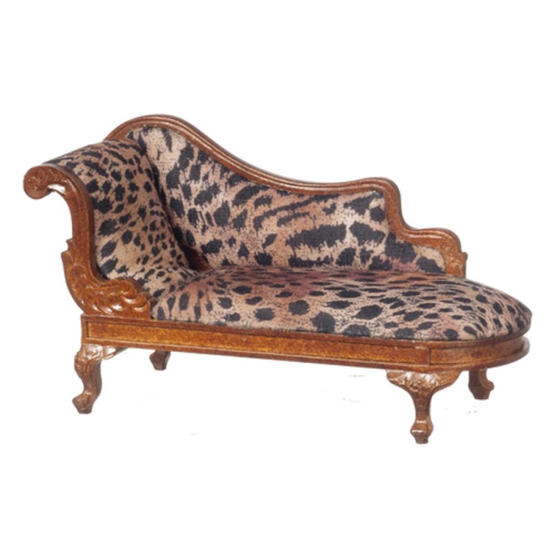 Dolls House Rococo Chaise Longue Leopard Print Walnut JBM Furniture