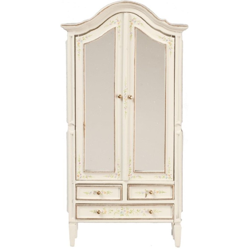 Dolls House White Floral Mirrored Armoire Wardrobe JBM Miniature Bedroom Furniture