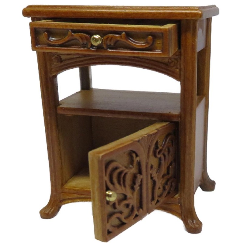 Dolls House Art Nouveau Bedside Table Miniature JBM Walnut Bedroom Furniture