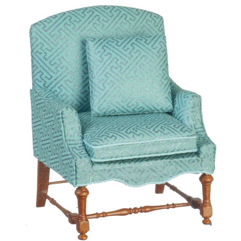 Dolls House Blue Jacobean Armchair JBM Miniature Walnut Living Room Furniture