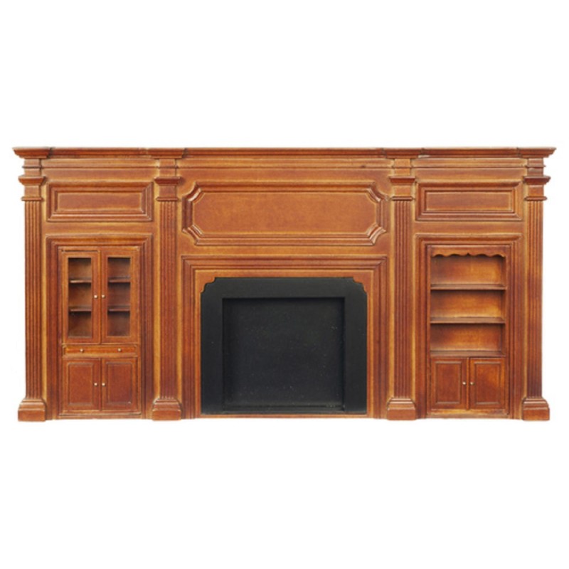 Dolls House Walnut Wall with Fireplace Cabinet & Bookcase JBM Miniature Furniture