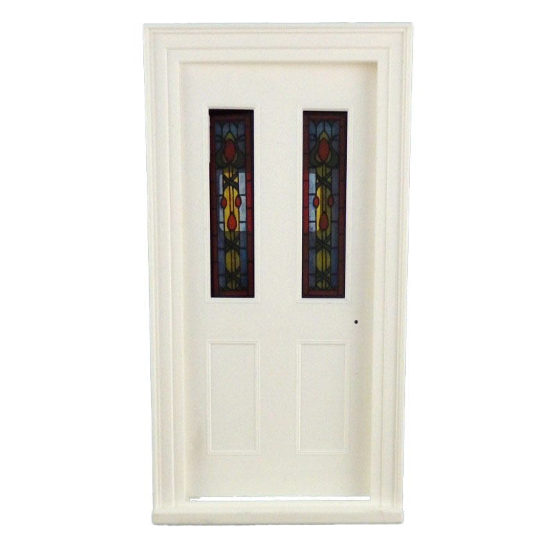 Dolls House White Plastic Victorian Front Door with Stained Glass Panels 1:12