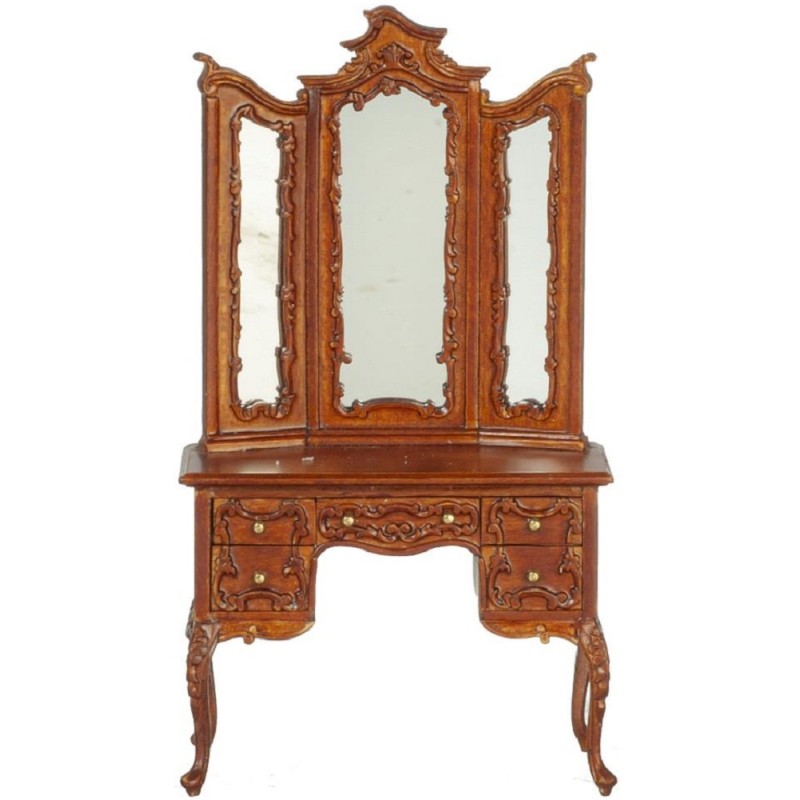 Dolls House Victorian Walnut Triple Mirror Dressing Table JBM Bedroom Furniture