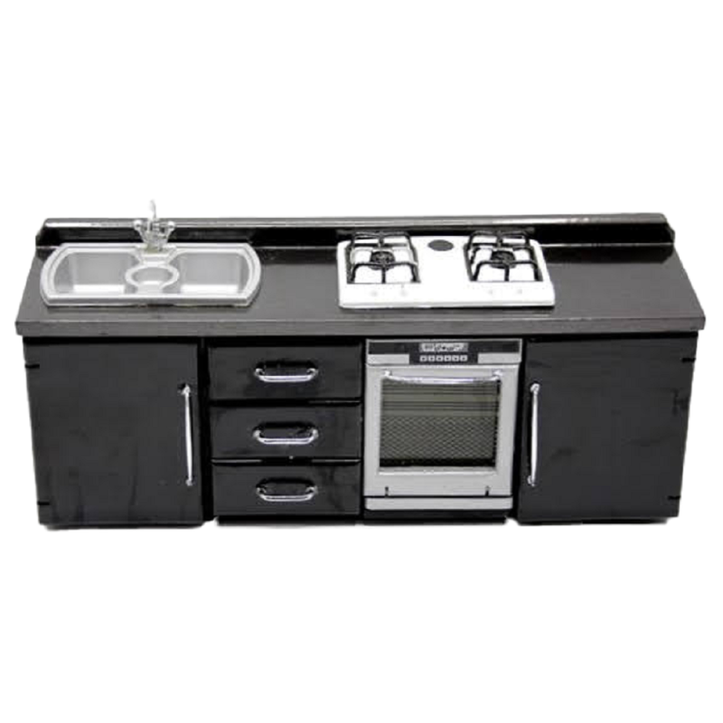 Dolls House Black Modern Kitchen Furniture Sink & Cooker Unit Miniature Stove