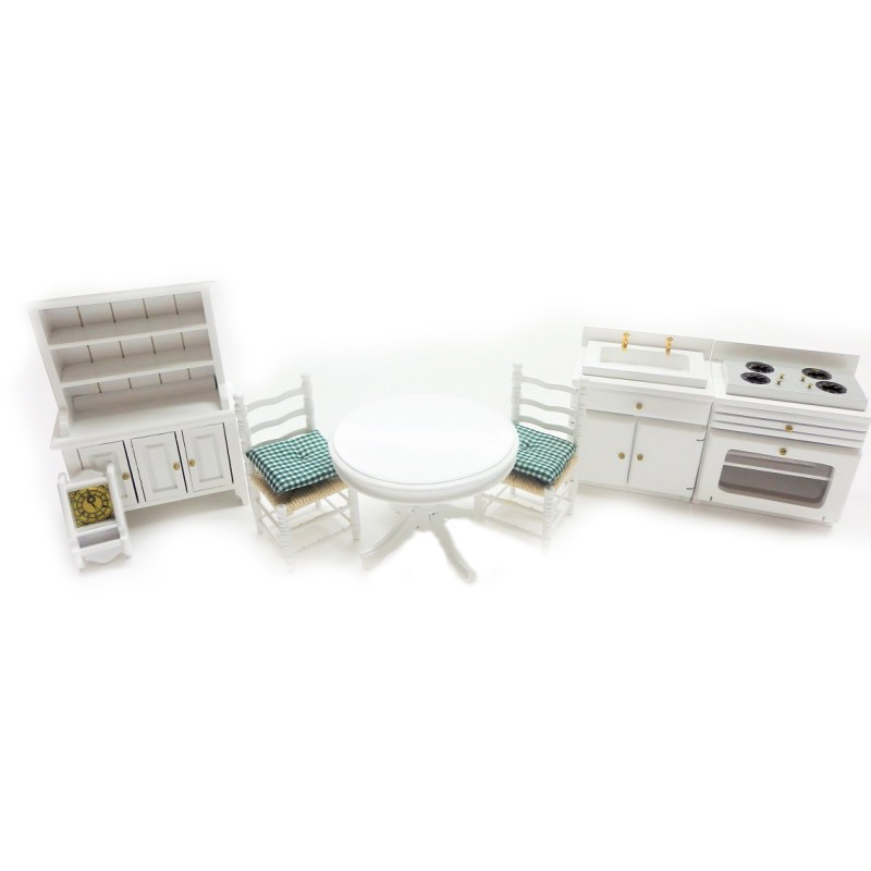 Dolls House White Kitchen Dining Furniture Set Wooden 1:12 Scale