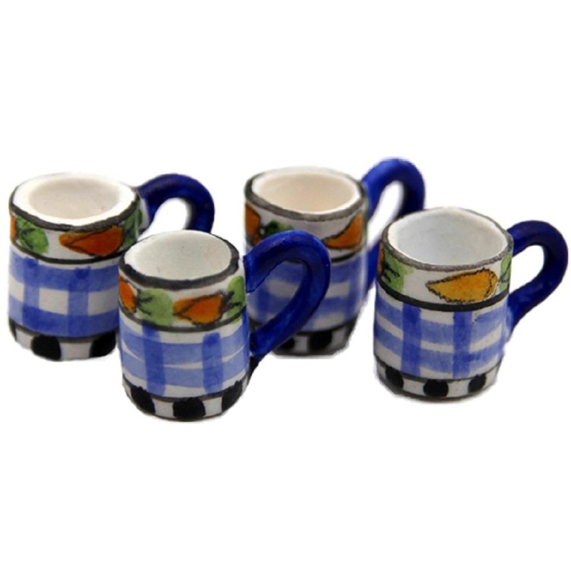 Dolls House 4 Blue Check Mugs Cups Miniature Kitchen Dining Accessory 1:12 Scale