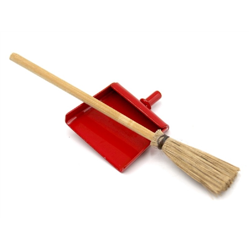 Dolls House Red Dustpan & Brush Besom Broom Miniature Kitchen Cleaning Accessory