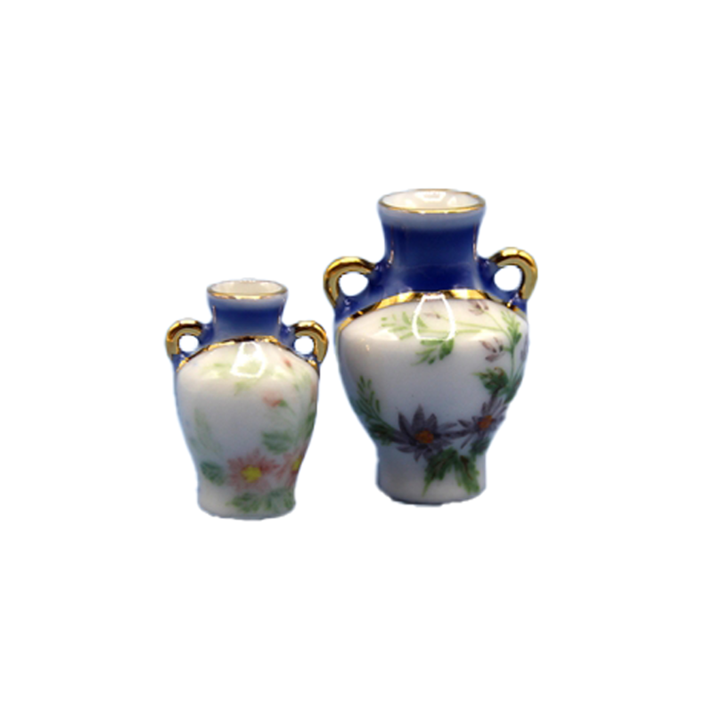 Dolls House 2 Blue Floral Painted Vases Miniature Ornament Accessory 1:12 Scale