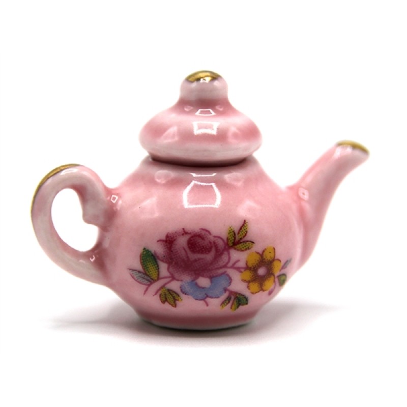 Dolls House Pink & Gold Floral Teapot Miniature Kitchen Dining Accessory 1:12