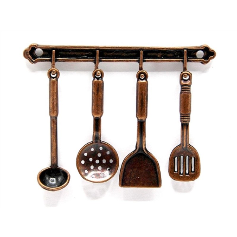 Dolls House Bronze Hanging Utensil Set & Rack Miniature 1:12 Kitchen Accessory