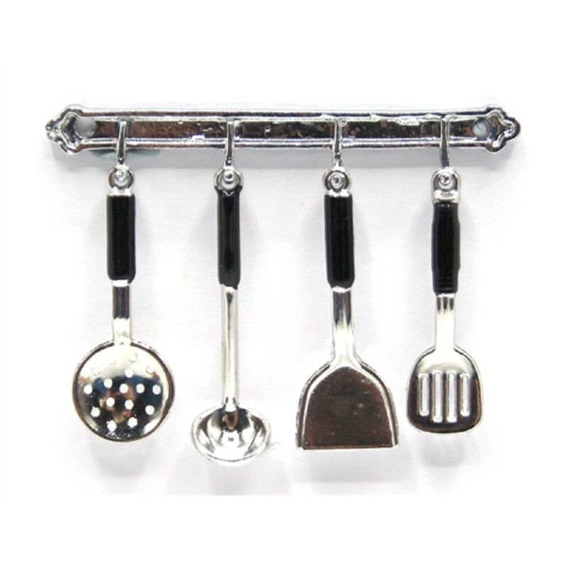 Dolls House Silver Hanging Utensil Set & Rack Miniature 1:12 Kitchen Accessory