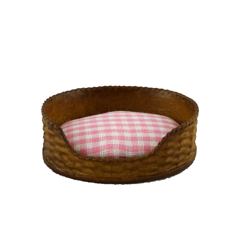 Dolls House Dog Cat Bed Basket Pink Check Cushion Miniature Pet Accessory 